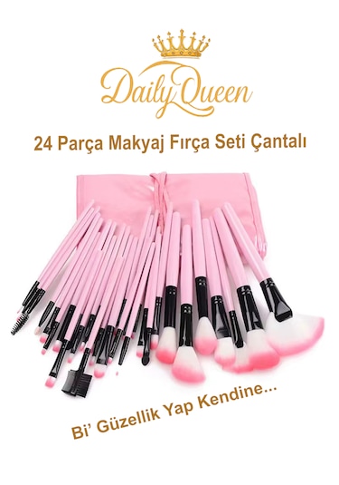Daily Queen 24 Parça Makyaj Fırça Seti Penbe Deri Çantalı Lüx Ve Kaliteli