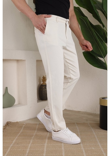 Erkek Casual Slim Fit Cord Desenli Kumaş Pantolon Açık Krem