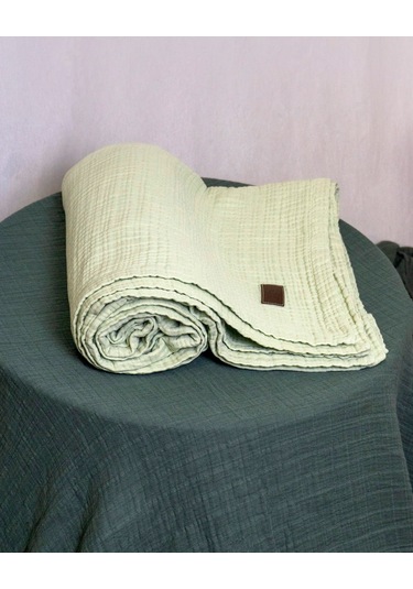 4 Katlı Müslin Yatak Örtüsü - Battaniye Pike %100 Organik Pamuk Dört Mevsim Yumuşak Gots Sertifikalı Su Yeşili