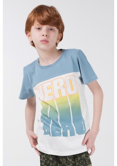 Brz Kids Kontrast Renkli Baskılı Erkek Çocuk Kısa Kollu T-Shirt Ekru