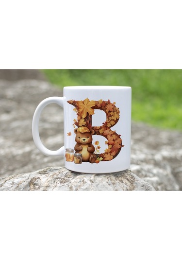 B Harf Sonbahar Yaprak Temalı Kupa Bardak - Sevimli Figürler İle Alfabe Harfli Bardak - Kişiye Özel Beyaz