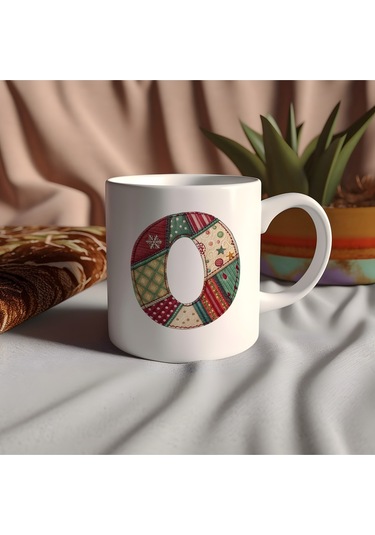 O Harfi Yılbaşı Temalı Kupa Bardak - Yeni Yıl Konsept Yamalı Efekt Tasarım - Noel Hediye Beyaz