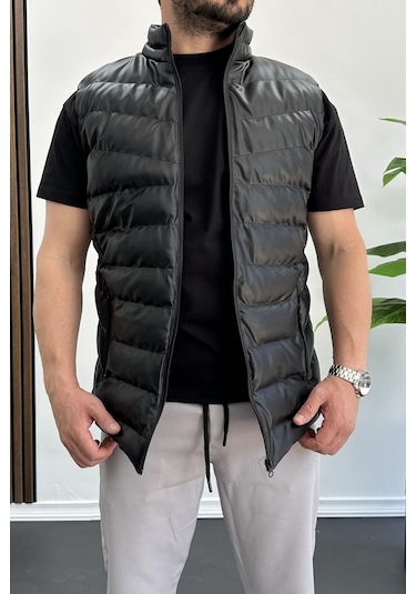 Erkek Slim Fit Fermuarlı Suni Deri Yelek Siyah Edw088-siyah