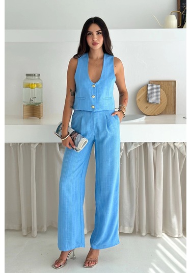 Çizgili Kumaş Yelek Takım Mavi Mavi