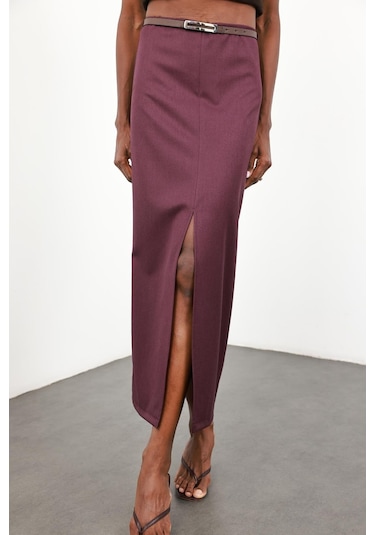 Mürdüm Yırtmaçlı Kalem Etek 41093 Mürdüm