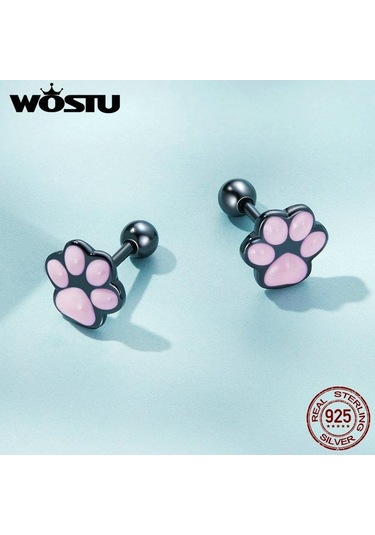 Wostu Gerçek 925 Ayar Gümüş Kedi Kulak Hoop Küpe Kadınlar Için Güzel Pembe Sevimli Pet Paw Çıtçıt Klipler Kız Benzersiz Takı Hediye A