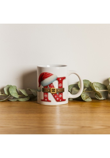 N Harfi Yılbaşı Temalı Bardak 330 Ml Harfli Kişiye Özel Hediye - Yeniyıl / Noel Şapka Tasarım Beyaz