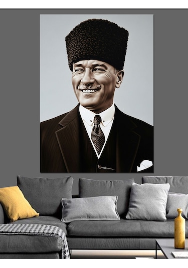 Atatürk Gülümseyen Siyah Beyaz Dekoratif Kanvas - Mdf Ahşap Tablo