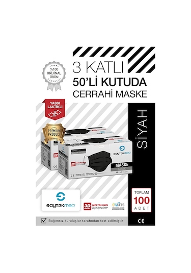 Saytekmed Meltblown Filtreli, Yassı İpli, 3 Katlı Siyah Maske (2 Kutu/100 Adet)