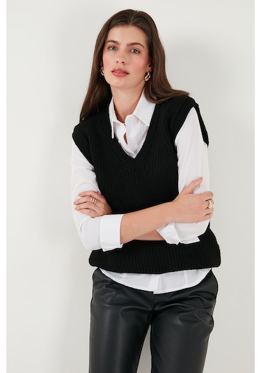 Lela V Yaka Örme Triko Bayan Süveter 4616105Y Siyah