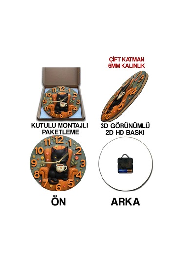 Siyah Kedi Temalı Mdf Duvar Saati 3d Görünümlü, 2d Hd Baskı, Sessiz Mekanizma Sdw237 Renkli