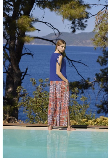 Monamise Kadın Etnik Desenli Yırtmaçlı V Yaka Askılı Alt Üst Takım 25029 Saks