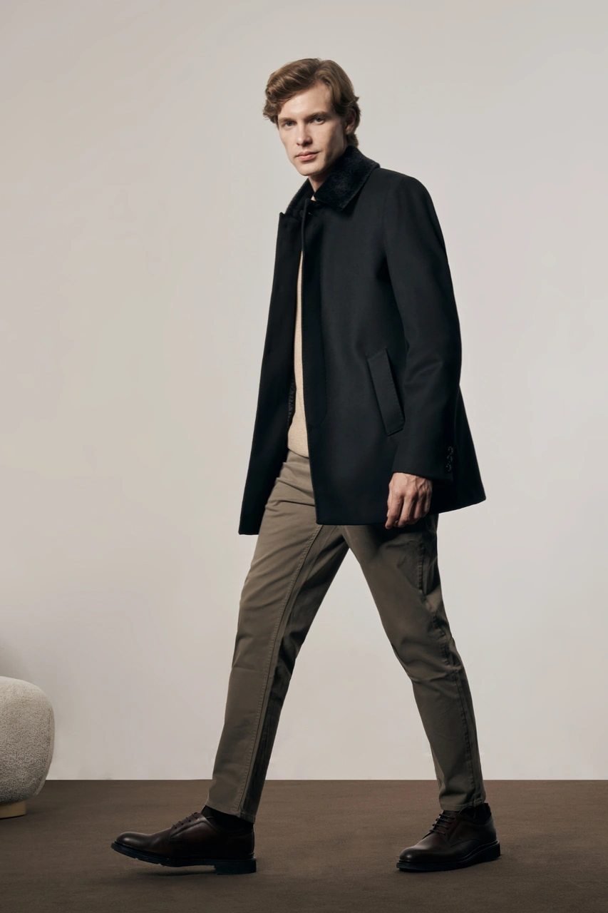 Siyah Kürklü Yaka Classic Comfort Fit Esnek Kaban 1008255163 Siyah