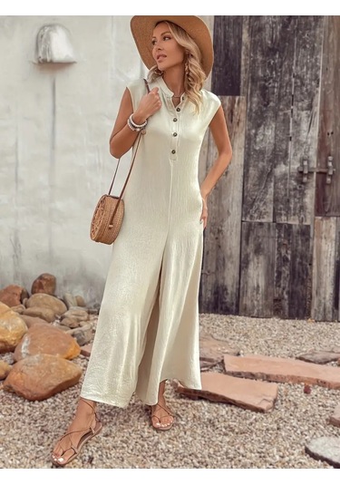 Ahes Shopping Kadın Kısa Kollu Önden Düğmeli Paçaya Doğru Geniş Cepli Uzun Bürümcük Tulum Bej