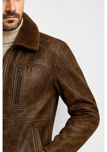 Derije Carlos Hakiki Deri Erkek Vintage Seyar Kürk Yaka Mont Kahverengi