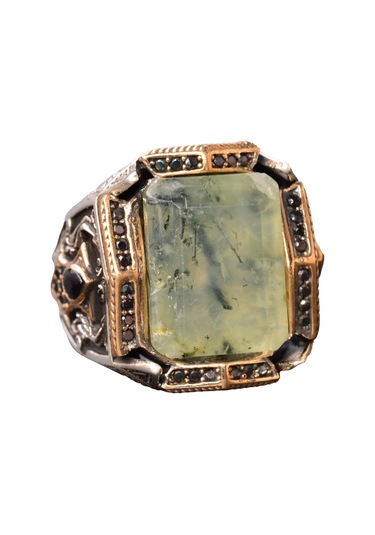 Gerçek Prehnit Yeşim Taşı Yüzük - Ayar Gümüş Erkek Bant Yüzüğü Gümüş