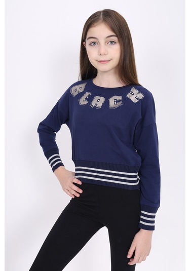 Toontoy Kız Çocuk Sweatshirt Black Varak Baskılı Lacivert