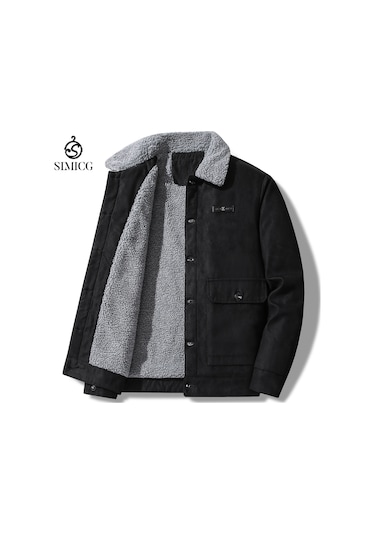 Yeni Erkek Süet Yakalı Peluş Ceket Siyah