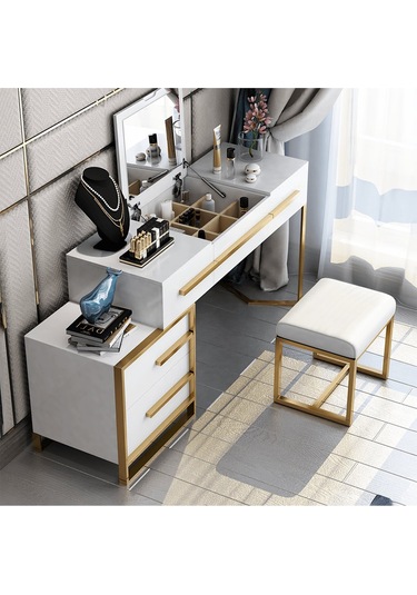 Cristina Beyaz Gold Metal Makyaj Masası
