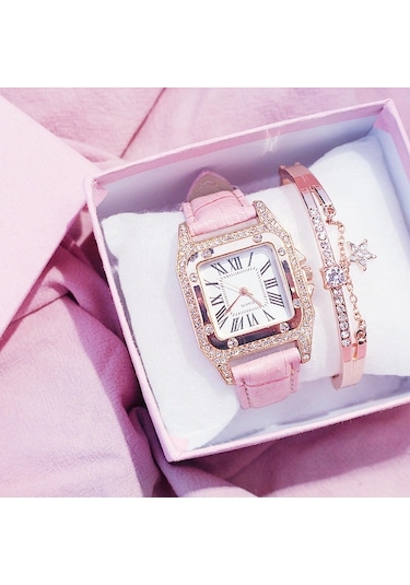 Yeni Şık Saat Kadın Namlu Kare Kemer Bayan Saati Kadın Saati Öğrenci Gündelik Saati Pembe Tekli Saat Diğer