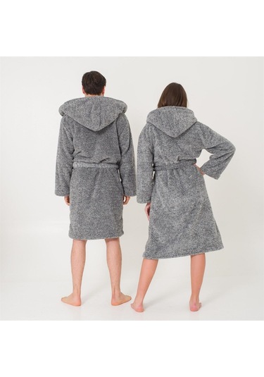 Uzun Kapüşonlu Welsoft Sabahlık Aile Seti-Gri