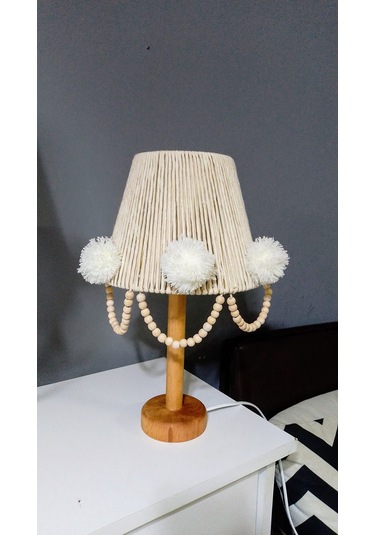 Makrome İp Sargılı Avize Abajur Set Çocuk Odası Avize Bebek Odası Avize Ponpon Boncuk Ekru