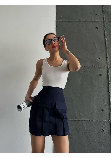 Kadın Lacivert Kargo Cep Detaylı Pileli Mini Etek-lacivert Lacivert
