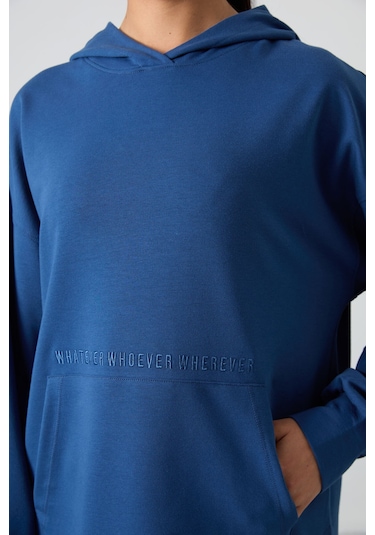 Tommy Life Parlament Balon Kol Yazı Nakışlı Kadın Oversize Tunik Sweatshirt - 97163 Parlament Mavisi