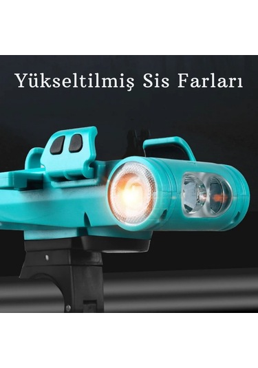 Techtic 5in1 Bisiklet Feneri Şarjlı Telefon Tutucu+korna +sis Far Yeşil