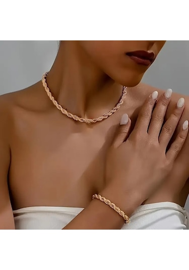 Rosegold Kalın 3mm Burgu Çelik Kolye Ve Bileklik Set Rose Gold