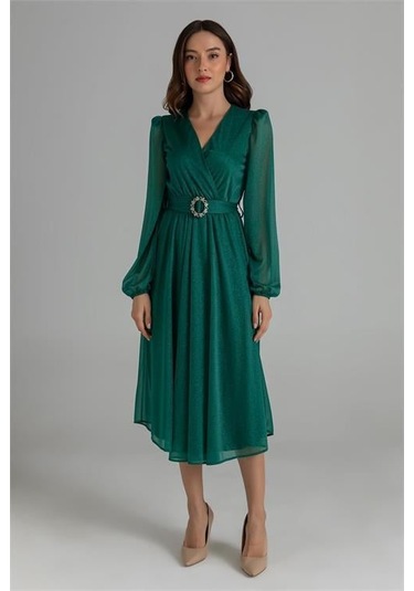 Dipmoda Kadın Kemerli Kruvaze Yaka Simli Gece Elbisesi Dpnbmy3590 Yeşil