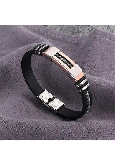 Gül Altın Moda Paslanmaz Çelik Bilezikler Bilek Bandı Siyah Silikon Punk Bileklik Rahat Bilezik