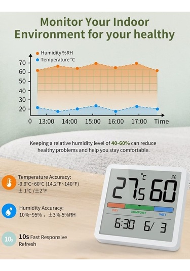 Pazly İç/dış Sıcaklık Nem Ölçer, Takvimli Hava İstasyonu, Lcd, Dokunmatik Arka Işık, 2'li Set