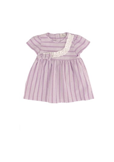 Fırfır Detaylı Çizgili Elbise Lila