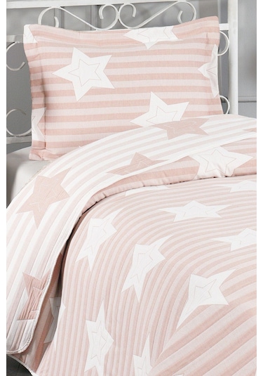 Evlen Home Pedri Yıldız Desenli Pamuklu Tek Kişilik Yatak Örtüsü Pike Takımı 2 Parça Çocuk Yatak Örtüsü Pudra
