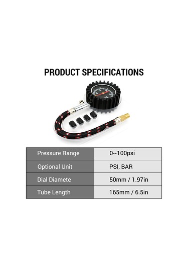 Symbee Kkmoon Metal Araç Lastik Basınç Ölçer 0-100 Psı, 165mm Hortumlu, 4 Kapaklı