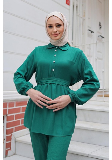 Taş Düğme Detaylı Takım Yeşil Yeşil