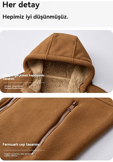 Erkek Polar Ceket Günlük Kapüşonlu Polar Astarlı Kalın Sıcak Hırka Dış Giyim Sonbahar Ve Kış İçin Lacivert