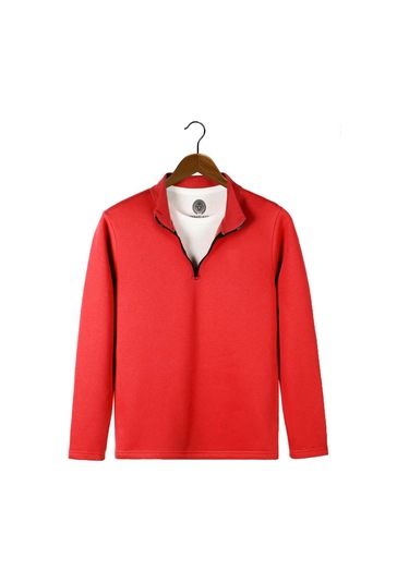 Erkek Açık Kırmızı Yarım Fermuarlı Basic Düz Sweatshirt Açık Kırmızı