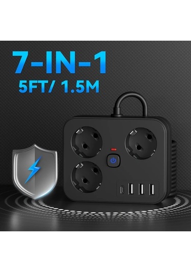 Motion003 7si 1 Arada Guc Seridi 3 Ac Cikisi 3 Usb Baglanti Noktasi 1 Tip C Aşiri Yuk Korumasi 1524cm Siyah