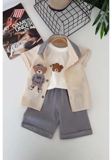 Miniğimin Cicileri Bear Panç İşleme Detaylı Erkek Bebek 3 Lü ... Gri