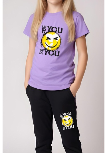 Be You Emoji Baskılı Kız Çocuk Tişört Ve Eşofman Alt-üst Takım Lila