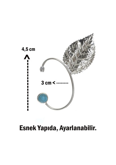 Kadın Gümüş Renk Lak Kaplama Taşlı Dokulu Yaprak Stilizesi Sol Kulak Earcuff & Kıkırdak Küpe Çok Renkli