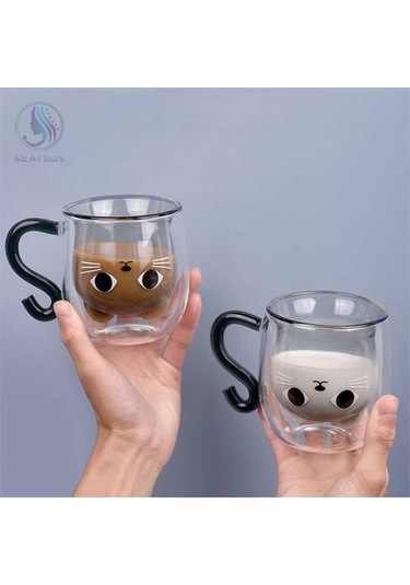 Createtech Çift Duvar Cam Kedi Şekli Bardağ Kaşık Fincan Seti Şeffaf, Kapaklı, Ev Ofis Şeffaf