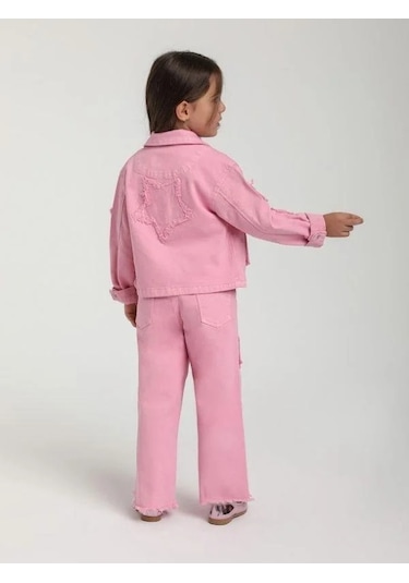 Kız Çocuk Yıldız İşlemeli Cep Detaylı Tasarım Pembe Kot Ceket-15651 Pembe