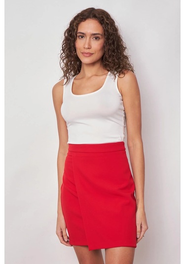 Kadın Hafif Likralı Kumaş Yüksek Bel Anvelop Kruvaze Hafif Mini Kalem Etek-kırmızı Kırmızı