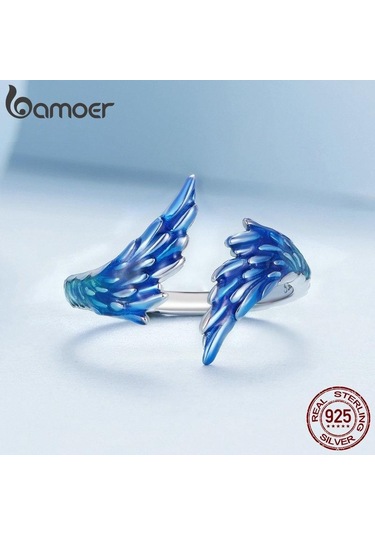 Bamoer 925 Ayar Gümüş Mavi Emaye Tüy Açılış Halkası Guardian Kanat Ayarlanabilir Yüzük Kadınlar İçin Güzel Takı