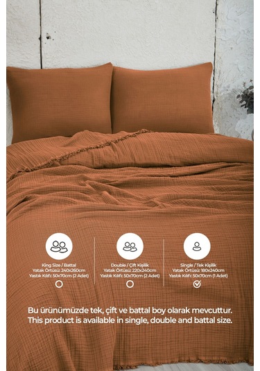 %100 Pamuk Müslin Yatak Örtüsü Tek Kişilik 4 Katlı Battaniye 2 Parça Müslin Pike Seti Turuncu Turuncu