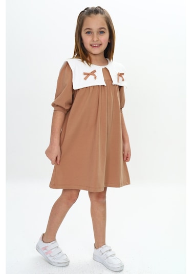 Toontoy Kız Çocuk Yaka Detaylı Elbise Kahverengi