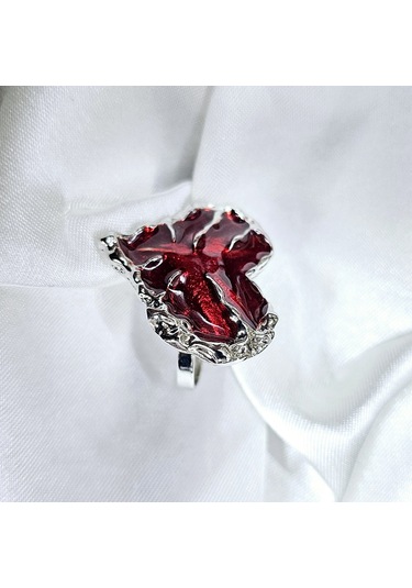 Dükkan Design Ayarlanabilir Kırmızı Mineli Büyük Boy Gotik Kalp Yüzük Kırmızı